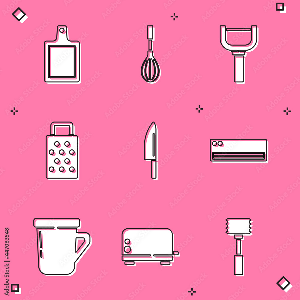 Set Cutting board, Kitchen whisk, Peeler, Grater, Knife, Air conditioner, Coffee cup and Toaster icon. Vector Set Cutting board, Kitchen whisk, Peeler, Grater, Knife, Air conditioner, Coffee cup and Toaster icon. Vector