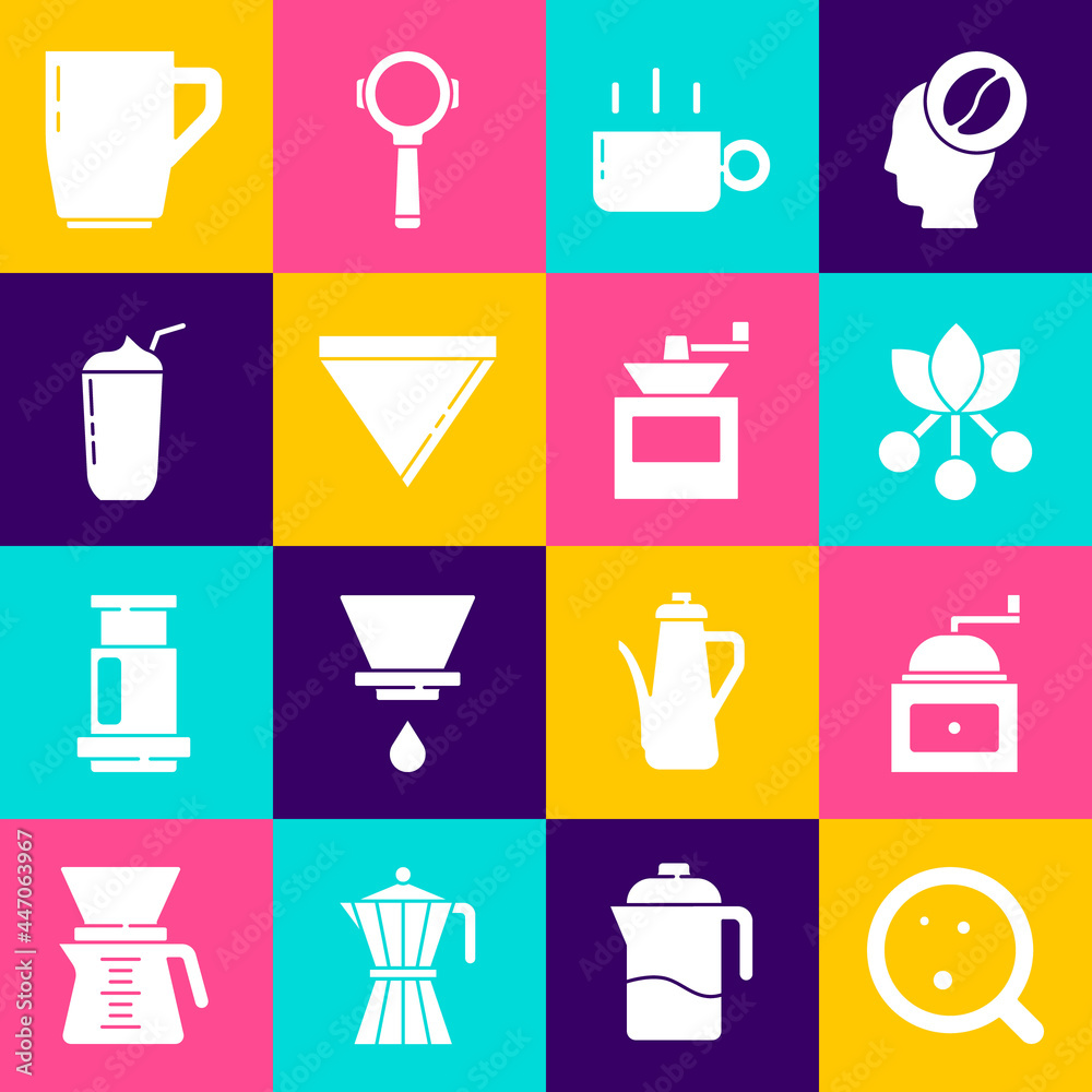 Set Coffee cup, Manual coffee grinder, bean, branch, paper filter, Milkshake, and icon. Vector Set Coffee cup, Manual coffee grinder, bean, branch, paper filter, Milkshake, and icon. Vector
