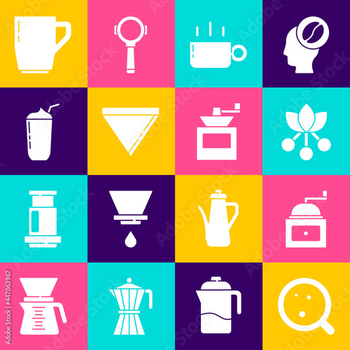 Set Coffee cup, Manual coffee grinder, bean, branch, paper filter, Milkshake, and icon. Vector
