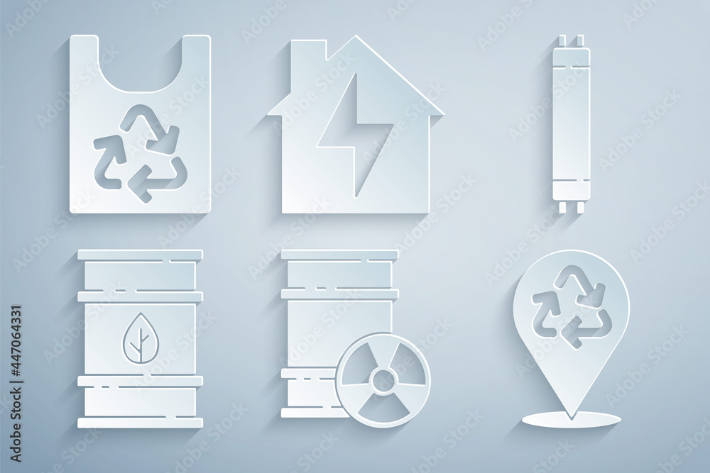 Set Radioactive waste in barrel, Fluorescent lamp, Bio fuel, Recycle, House and lightning and Plastic bag with recycle icon. Vector