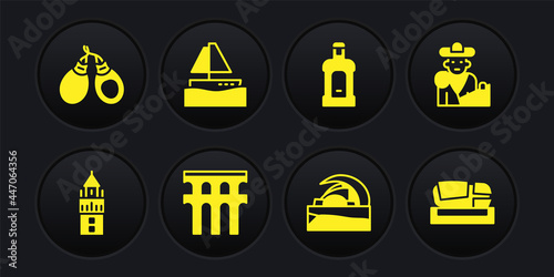Set Giralda, Bullfight, matador, Aqueduct of Segovia, Concert hall de Tenerife, Orujo, Yacht sailboat, Stadium Mestalla and Castanets icon. Vector