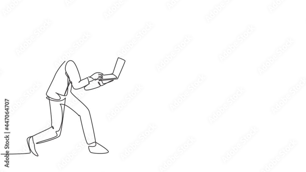 Animated self drawing of one continuous single line draw young rush male worker typing on laptop while he do sprint run go to office. Deadline business work concept. Full length single line animation. Animated self drawing of one continuous single line draw young rush male worker typing on laptop while he do sprint run go to office. Deadline business work concept. Full length single line animation.