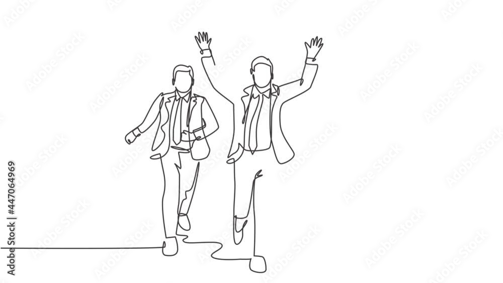 Self drawing animation of single line draw male worker rise fist to the air after winning cross finish line beating his partners. Running competition concept continuous line draw. Full length animated Self drawing animation of single line draw male worker rise fist to the air after winning cross finish line beating his partners. Running competition concept continuous line draw. Full length animated