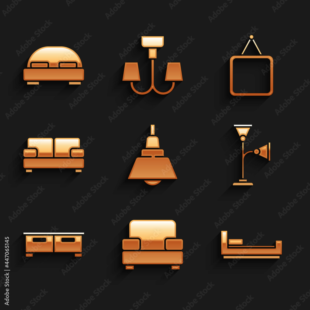 Set Chandelier, Armchair, Bed, Floor lamp, Chest of drawers, Sofa, Mirror and Big bed icon. Vector Set Chandelier, Armchair, Bed, Floor lamp, Chest of drawers, Sofa, Mirror and Big bed icon. Vector