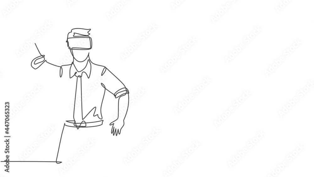 Animated self drawing of single continuous line draw young shock businessman tries to avoid obstacles while playing game simulation. Virtual reality game player concept. Full length one line animation Animated self drawing of single continuous line draw young shock businessman tries to avoid obstacles while playing game simulation. Virtual reality game player concept. Full length one line animation