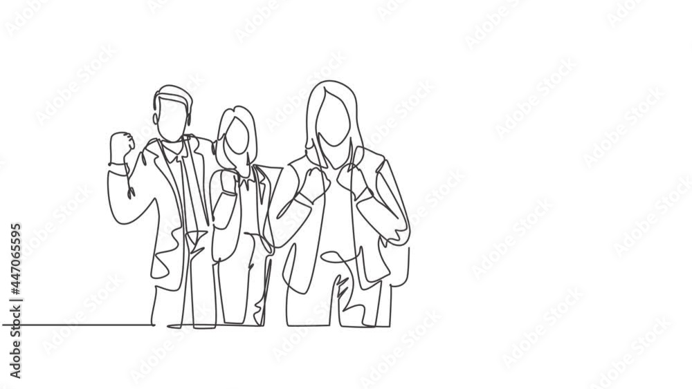 Animated self drawing of continuous line draw businessman and businesswoman line up celebrates their successful project while fist hands. Business teamwork concept. Full length single line animation. Animated self drawing of continuous line draw businessman and businesswoman line up celebrates their successful project while fist hands. Business teamwork concept. Full length single line animation.