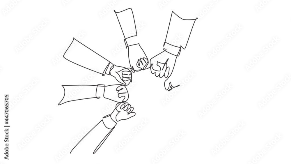 Animated self drawing of single continuous line draw group of young business people unite their hands together to form a circle shape as unity symbol. Teamwork concept. Full length one line animation.