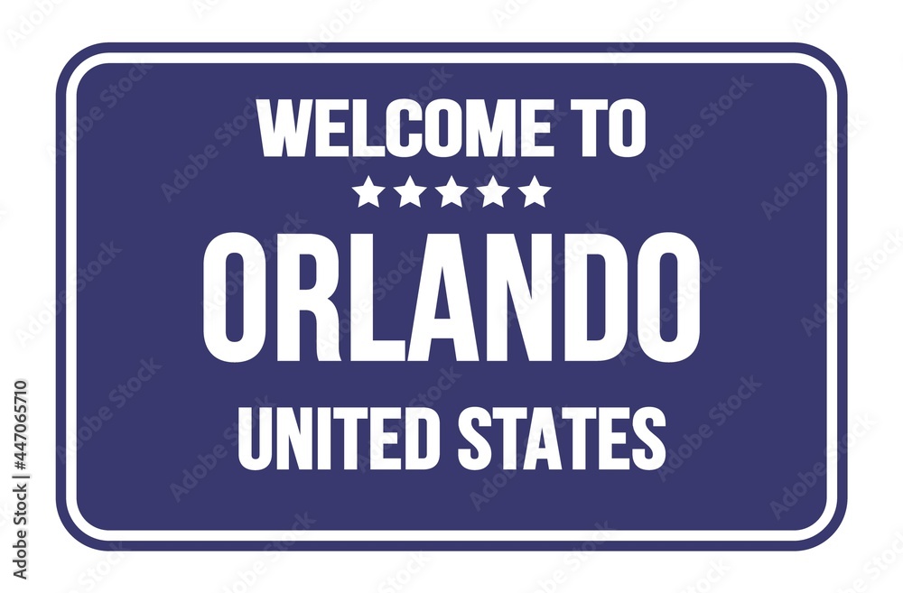 WELCOME TO ORLANDO - UNITED STATES, words written on blue street sign stamp