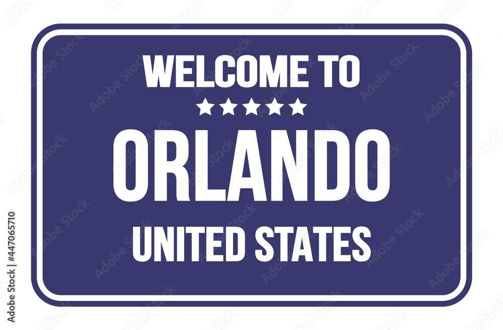 WELCOME TO ORLANDO - UNITED STATES, words written on blue street sign stamp WELCOME TO ORLANDO - UNITED STATES, words written on blue street sign stamp