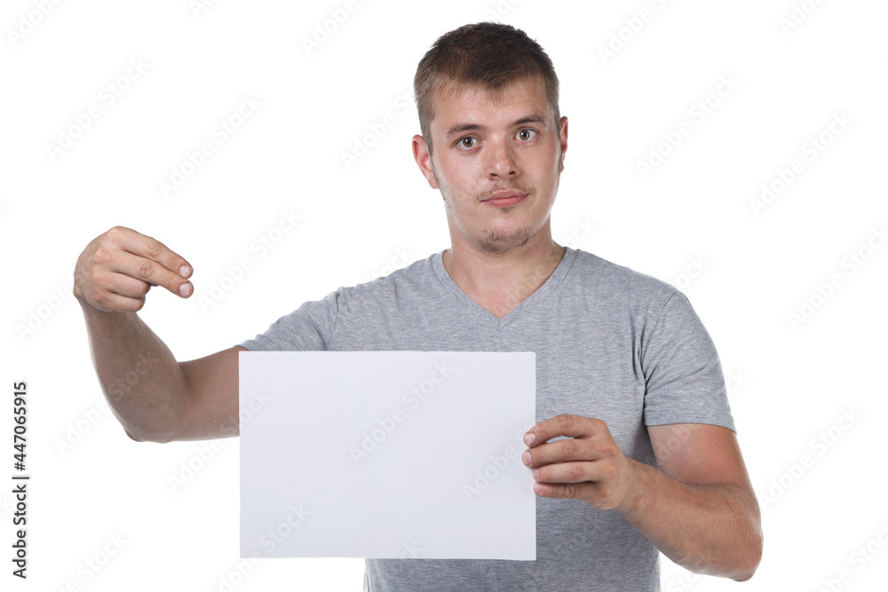 Image of bristle man holding white paper sheet Image of bristle man holding white paper sheet