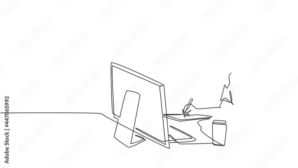 Self drawing animation of single line draw female employee works overtime to finish writing company draft business proposal. Business agreement concept continuous line draw. Full length animated. Self drawing animation of single line draw female employee works overtime to finish writing company draft business proposal. Business agreement concept continuous line draw. Full length animated.