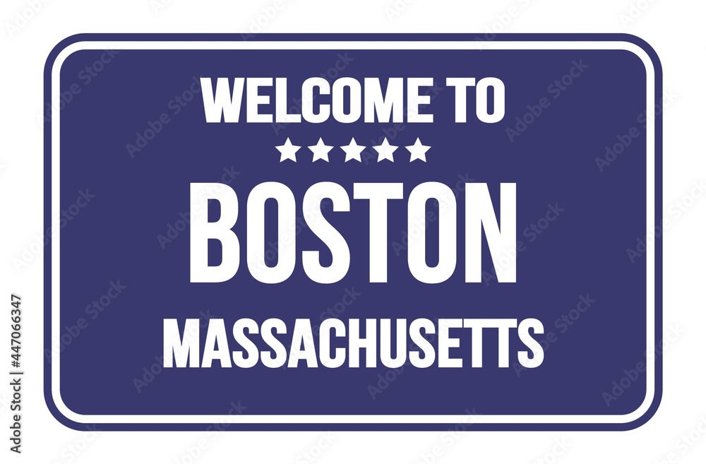 WELCOME TO BOSTON - MASSACHUSETTS, words written on blue street sign stamp