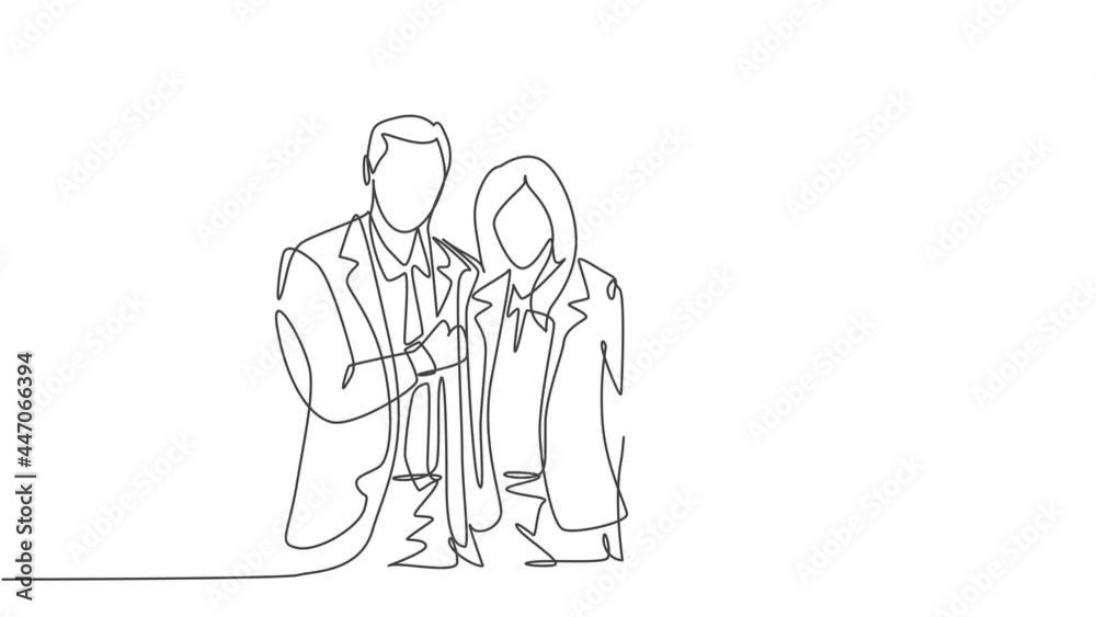 Animated self drawing of continuous line draw young happy male female manager standing together hugging each other to show their unity bonding. Friendship concept. Full length single line animation. Animated self drawing of continuous line draw young happy male female manager standing together hugging each other to show their unity bonding. Friendship concept. Full length single line animation.
