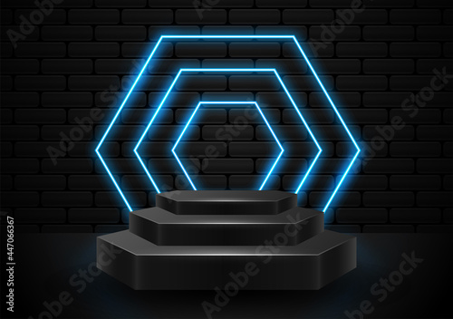 podium with neon light shapes illustration vector