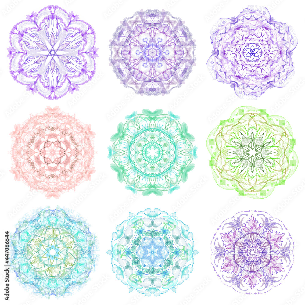 Mixed set of circular abstract elements on a white background.