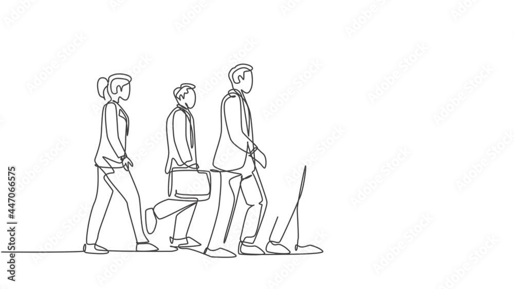 Animated self drawing of one continuous line draw group male female urban commuters walking pass over on city street go to office. Urban commuter workers concept. Full length single line animation.