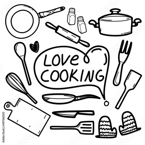 love cooking and kitchen utensil set. Vector hand drawn objects. Icons in doodle style