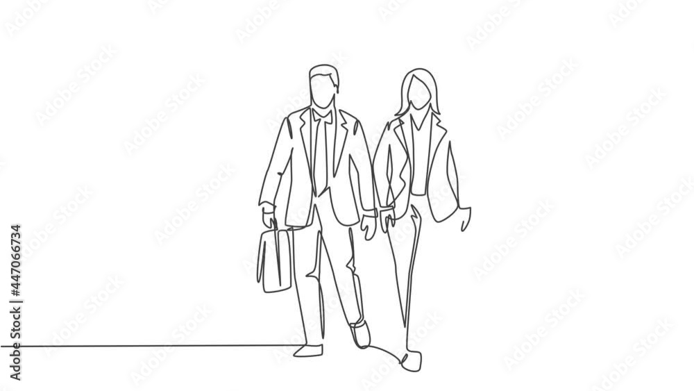 Animated self drawing of single continuous line draw young businessman businesswoman walking and talking together to office. Urban commuter workers concept. Full length one line animation illustration Animated self drawing of single continuous line draw young businessman businesswoman walking and talking together to office. Urban commuter workers concept. Full length one line animation illustration