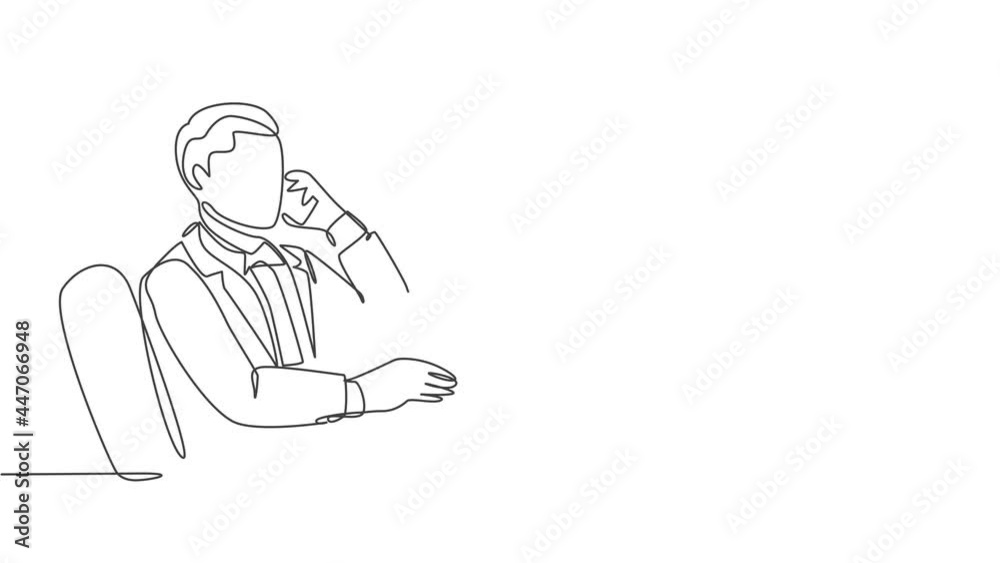 Self drawing animation of single line draw male company director giving short brief through phone call to his team member from office. Business talk concept continuous line draw. Full length animated. Self drawing animation of single line draw male company director giving short brief through phone call to his team member from office. Business talk concept continuous line draw. Full length animated.