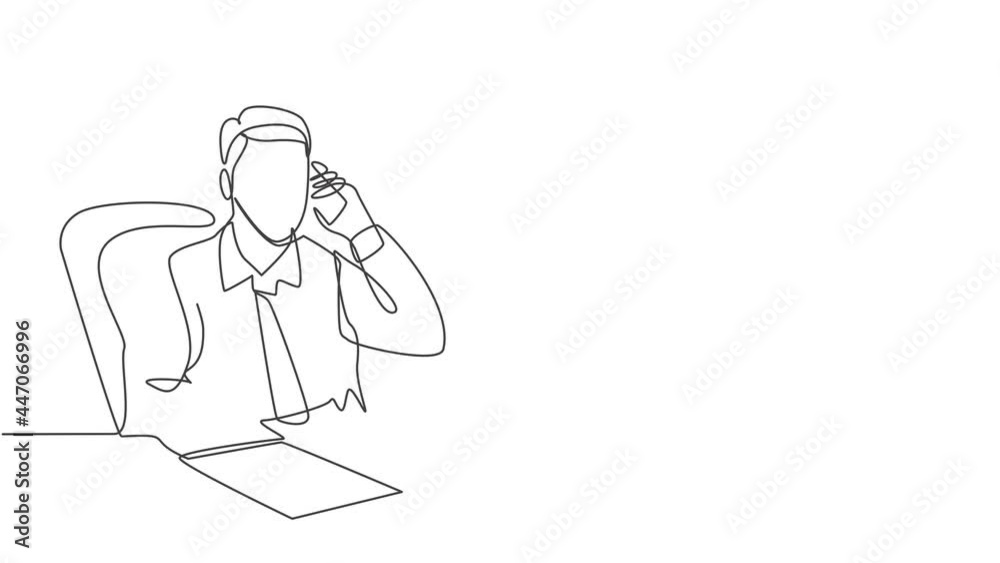 Self drawing animation of single line draw male employee holding smartphone while writing report on paper reading business report on laptop. Business concept continuous line draw. Full length animated Self drawing animation of single line draw male employee holding smartphone while writing report on paper reading business report on laptop. Business concept continuous line draw. Full length animated