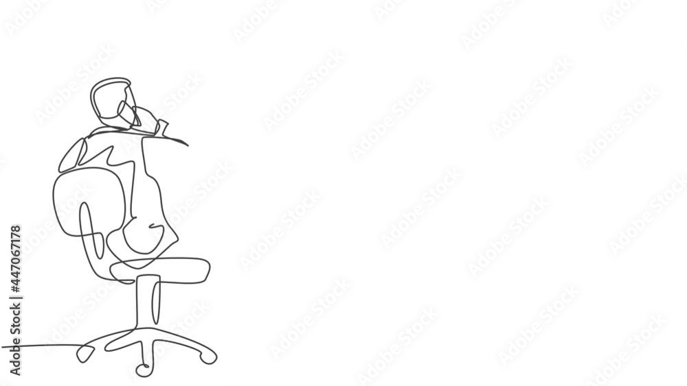 Animated self drawing of single continuous line draw businessman sitting on work chair while receive call from his partner from back view. Business talk concept. Full length one line animation. Animated self drawing of single continuous line draw businessman sitting on work chair while receive call from his partner from back view. Business talk concept. Full length one line animation.