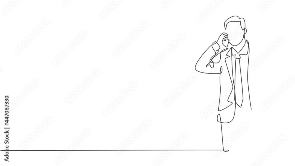 Animated self drawing of one continuous line draw manager calling his staff using smartphone to ask finalizing company annual report. Business call concept. Full length single line animation.