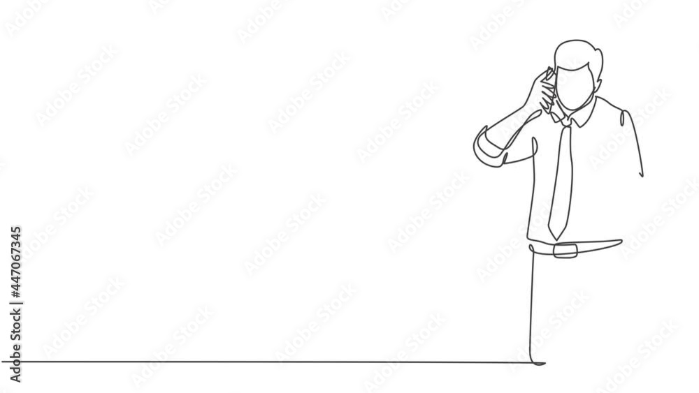 Animated self drawing of one continuous line draw male business owner get phone call from his supplier to tell supply delivery schedule. Business call concept. Full length single line animation. Animated self drawing of one continuous line draw male business owner get phone call from his supplier to tell supply delivery schedule. Business call concept. Full length single line animation.