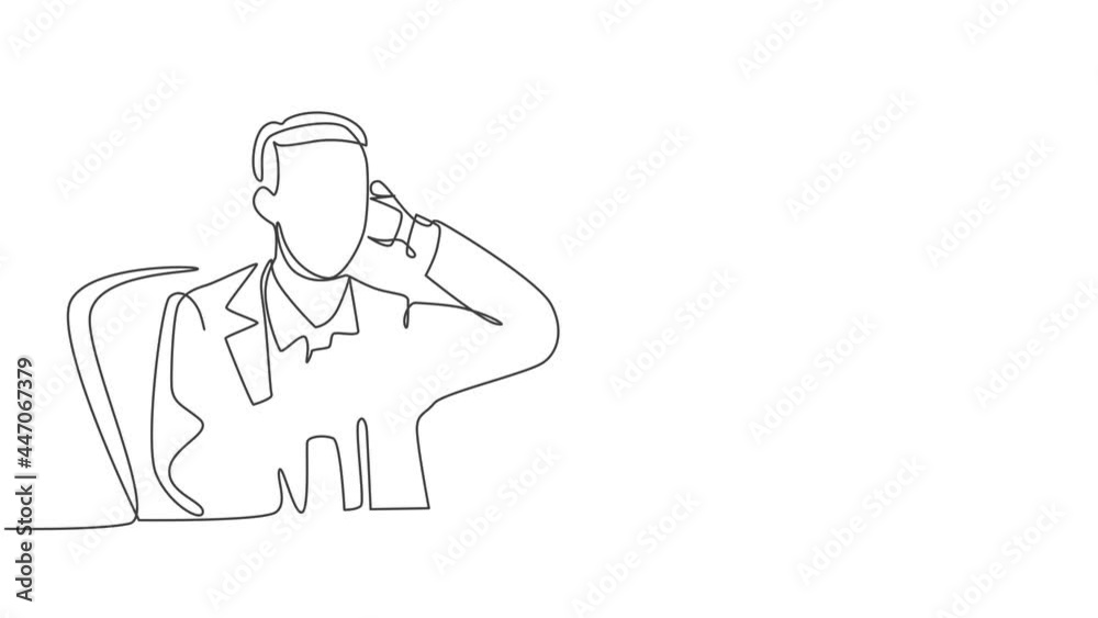 Animated self drawing of single continuous line draw happy manager sitting at his work desk calling his partner with smartphone. Business conversation concept. Full length one line animation.
