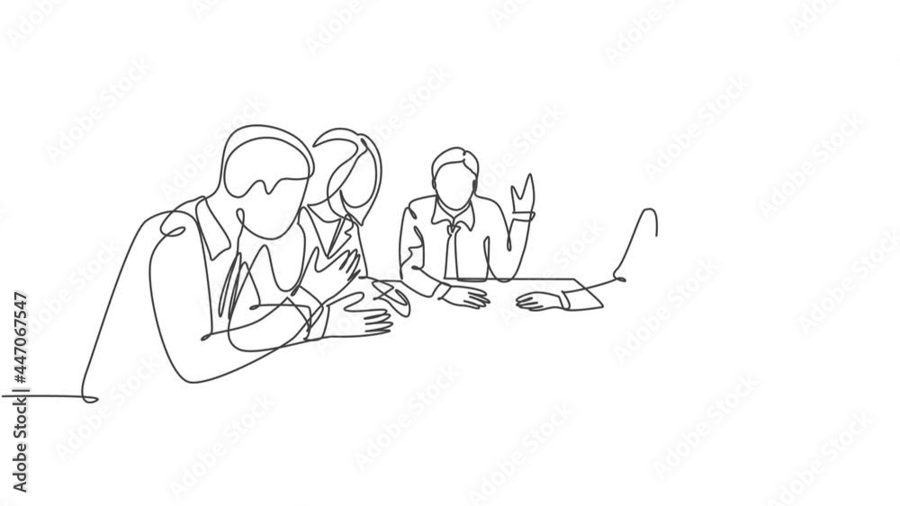 Animated self drawing of one continuous line draw male and female sales managers meeting to discuss company goal target at office. Sales marketing strategy concept. Full length single line animation. Animated self drawing of one continuous line draw male and female sales managers meeting to discuss company goal target at office. Sales marketing strategy concept. Full length single line animation.