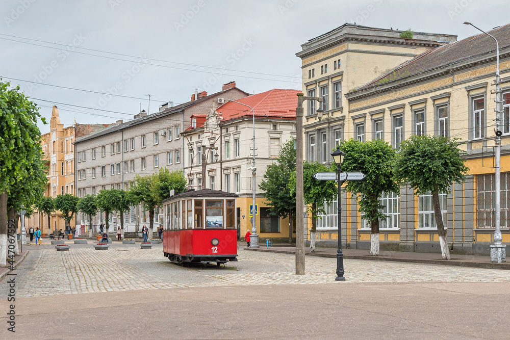 Sovetsk, Kaliningrad Region, Russia. Victory Street - a pedestrian zone in the city center. Monument to the tram