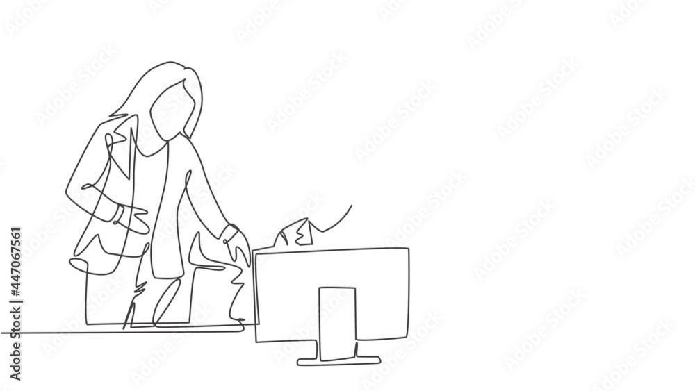 Animated self drawing of one continuous line draw CEO train female team members to keep thinking of creating innovation at office. Job training concept. Full length single line animation illustration. Animated self drawing of one continuous line draw CEO train female team members to keep thinking of creating innovation at office. Job training concept. Full length single line animation illustration.