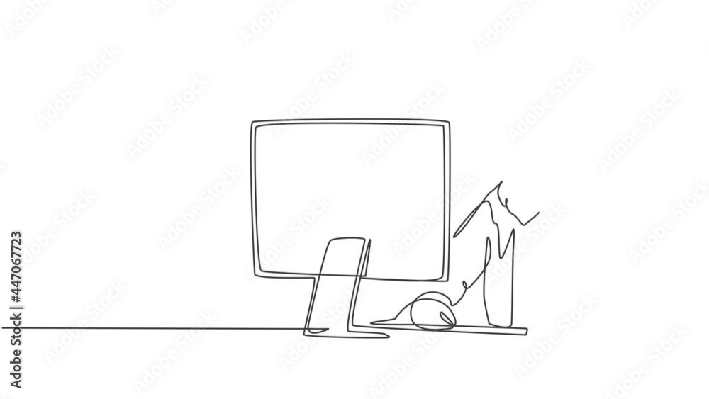 Self drawing animation of one single line draw startup CEO sitting in front of computer and thinking seriously at office. Business thinking concept continuous line draw. Full length animated. Self drawing animation of one single line draw startup CEO sitting in front of computer and thinking seriously at office. Business thinking concept continuous line draw. Full length animated.