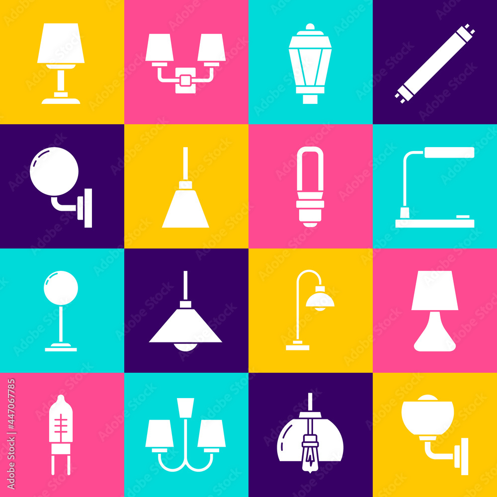 Set Wall lamp or sconce, Table, Garden light, Chandelier, and LED bulb icon. Vector Set Wall lamp or sconce, Table, Garden light, Chandelier, and LED bulb icon. Vector