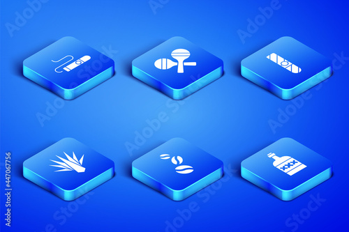 Set Tequila bottle, Cigar, Coffee beans, Agave, Maracas and icon. Vector