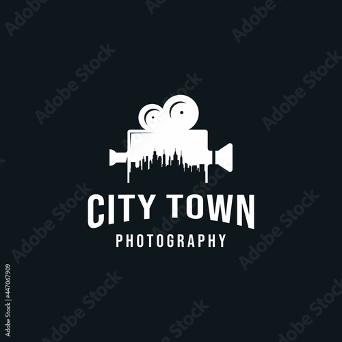 abstract Cityscape town video film cinema logo design isolated on black background
