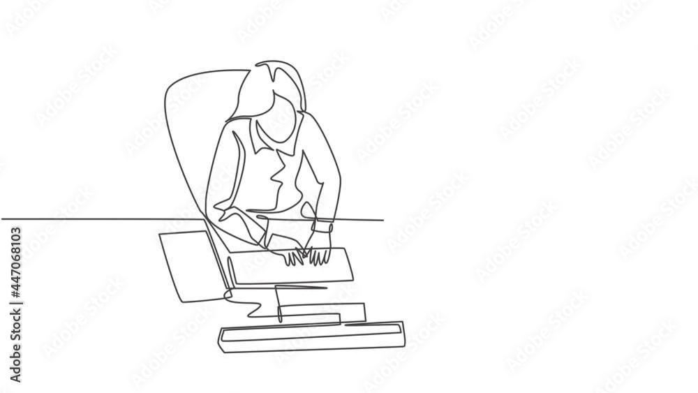 Animated self drawing of continuous line draw businessman and businesswoman talking new product launch while watching presentation on screen. Business talk concept. Full length single line animation. Animated self drawing of continuous line draw businessman and businesswoman talking new product launch while watching presentation on screen. Business talk concept. Full length single line animation.