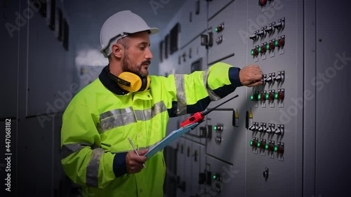 The engineer checking and inspecting at MDB panel .he working with electric switchboard to check range of voltage working in Main Distribution Boards factory.	