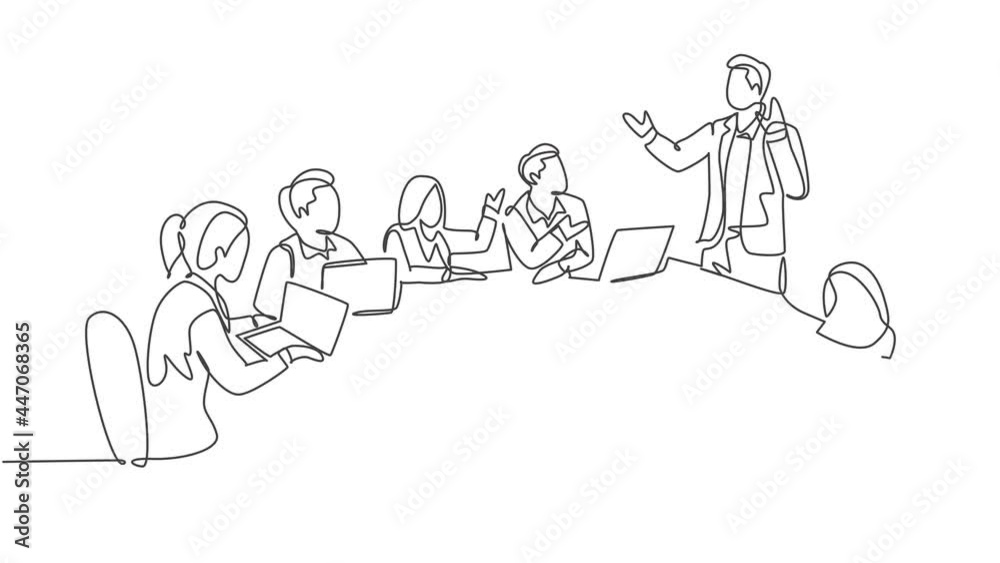 Animated self drawing of single continuous line draw happy trainer giving lifeskill lesson to the class members. Business training and presentation concept. Full length one line animation illustration