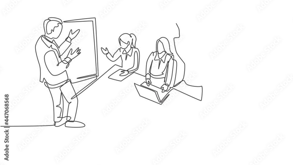 Self drawing animation of one single line draw business manager giving presentation to train apprentices at the office during meeting. Job training concept continuous line draw. Full length animated.