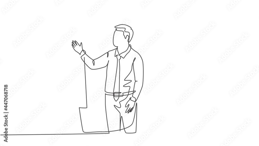 Animated self drawing of one continuous line draw presenter delivering increasing product sales report to finance manager. Business presentation at office concept. Full length single line animation. Animated self drawing of one continuous line draw presenter delivering increasing product sales report to finance manager. Business presentation at office concept. Full length single line animation.