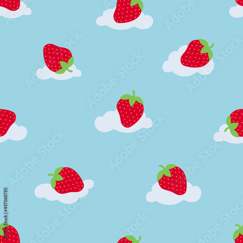 Fototapeta Naklejka Na Ścianę i Meble -  Cute strawberry on the cloud seamless pattern. Design sketch element for textile, prints for clothes. Vector illustration.