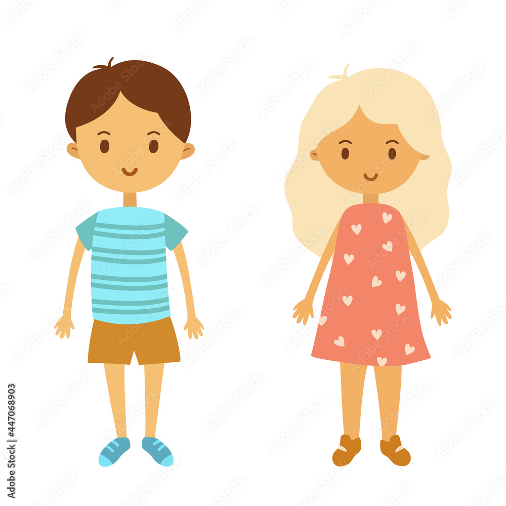A boy in shorts and a blonde girl in a red dress stand and smile. Simple vector characters in a flat style. Cute kids.