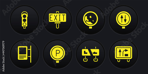 Set Road traffic sign, warning two way, Parking, rockfall, Fire exit, and Traffic light icon. Vector