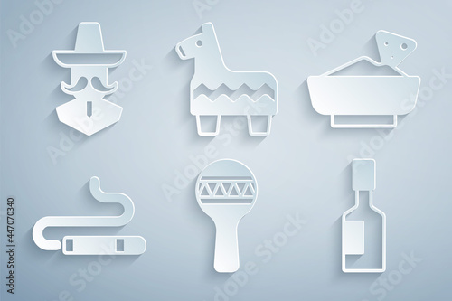 Set Maracas, Nachos in bowl, Cigar, Tabasco sauce, Pinata and Mexican man sombrero icon. Vector