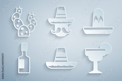 Set Mexican sombrero, Tabasco sauce, Margarita cocktail, man and Cactus icon. Vector