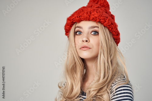 attractive woman in red hat striped t-shirt charm christmas