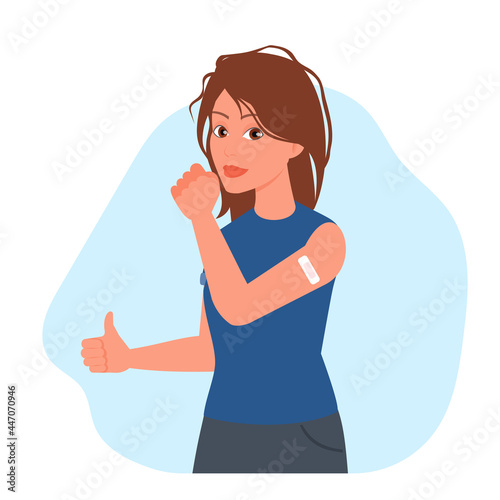 Woman receive anti virus vaccine in campaign vaccination. Show the thumbs up. Covid-19 vaccination. Vector illustration
