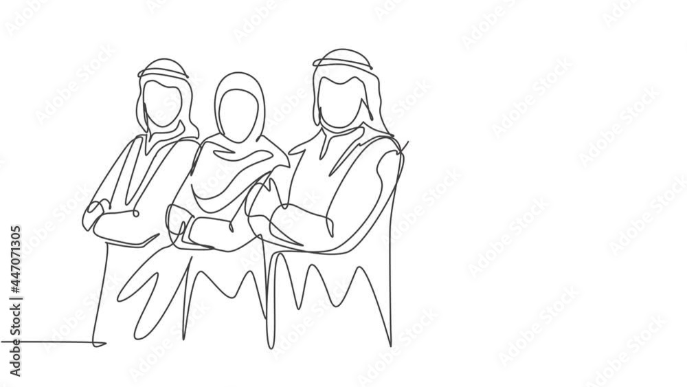 Animated self drawing of continuous line draw young muslim businesspeople line up neatly with crossing hands on chest. Islamic clothing shemag, kandura, scarf, hijab. Full length single line animation Animated self drawing of continuous line draw young muslim businesspeople line up neatly with crossing hands on chest. Islamic clothing shemag, kandura, scarf, hijab. Full length single line animation