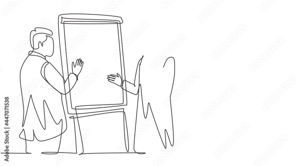 Animated self drawing of continuous line draw young muslim businessman presenting collaboration strategy with his colleague. Arab middle east cloth kandura, thawb, robe. Full length one line animation Animated self drawing of continuous line draw young muslim businessman presenting collaboration strategy with his colleague. Arab middle east cloth kandura, thawb, robe. Full length one line animation