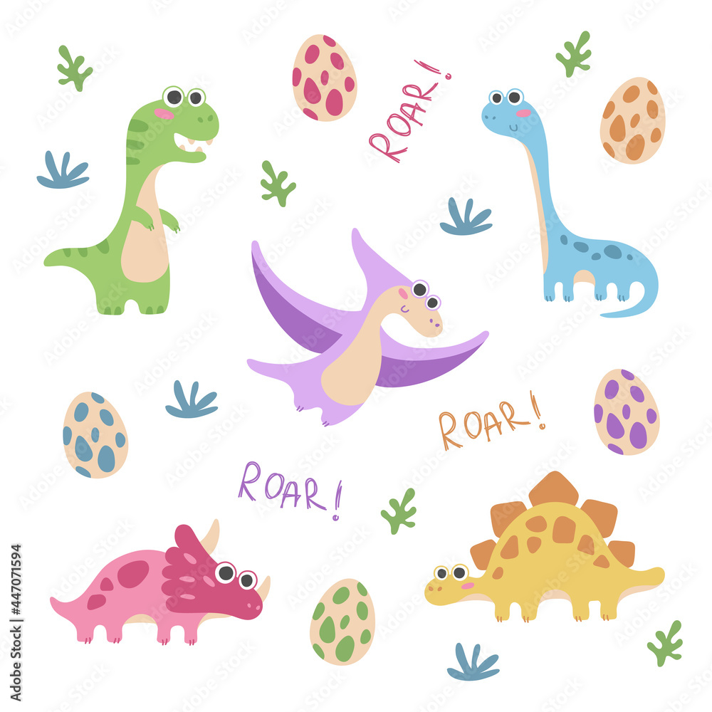 Set of five dinosaurus, dino, with eggs, grass, word Roar isolated on white background. Vector illustration for postcard, banner, decor, design, arts, web, calendar, advirtising.